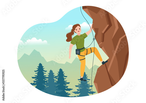 Cliff Climbing Illustration with Climber Climb Rock Wall or Mountain Cliffs and Extreme Activity Sport in Flat Cartoon Hand Drawn Template