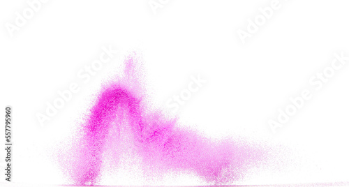 Small size purple Sand flying explosion  violet sands grain wave explode. Abstract cloud fly. purple colored sand splash throwing in Air. White background Isolated high speed shutter  throwing freeze