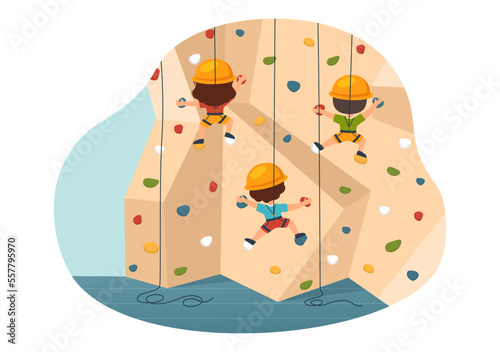 Cliff Climbing Illustration with Kids Climber Climb Rock Wall or Mountain Cliffs and Extreme Activity Sport in Flat Cartoon Hand Drawn Template