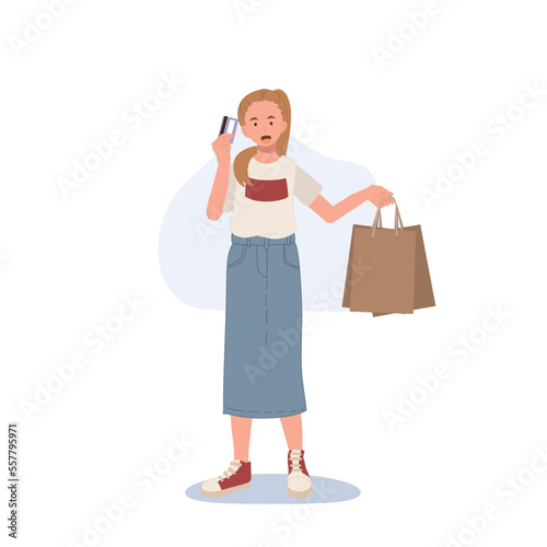 Shopping concept. woman holding a credit card and shopping bags in her hands. Flat cartoon vector illustration