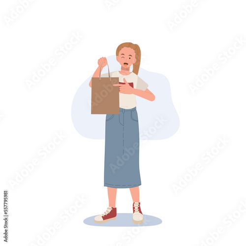 Shopping concept. woman showing her shopping bags. Flat cartoon vector illustration