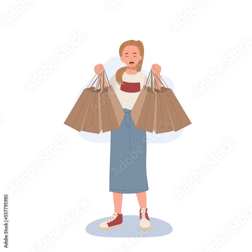 Shopping concept. woman showing her shopping bags. Flat cartoon vector illustration