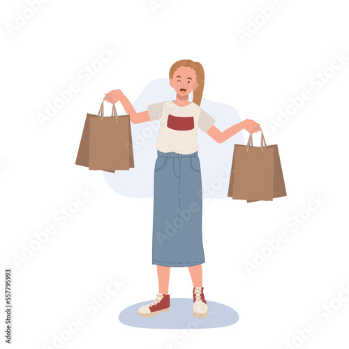 Shopping concept. woman showing her shopping bags. Flat cartoon vector illustration