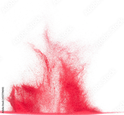 Small size red Sand flying explosion, blood sands grain wave explode. Abstract cloud fly. Red colored sand splash throwing in Air. White background Isolated high speed shutter, throwing freeze stop
