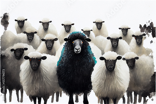 Fotografia A herd of white sheep with a black one in the middle