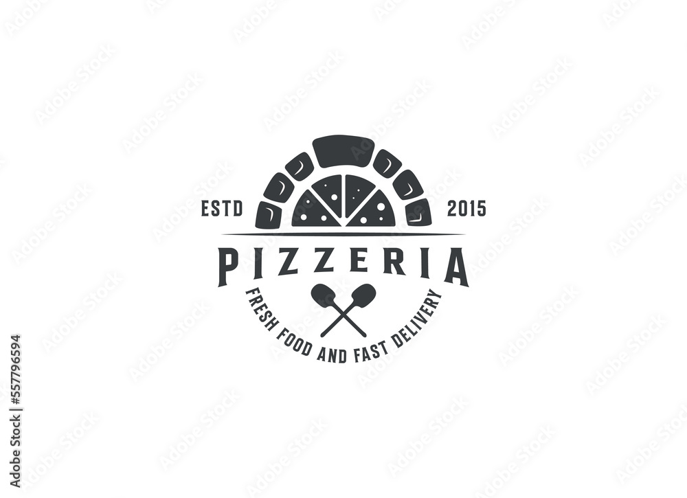 Firewood brick oven with shovel a pizza logo design vector Firewood brick oven with shovel a pizza logo design vector