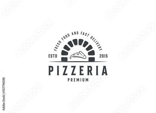 Firewood brick oven with shovel a pizza logo design vector