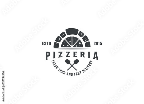 Firewood brick oven with shovel a pizza logo design vector