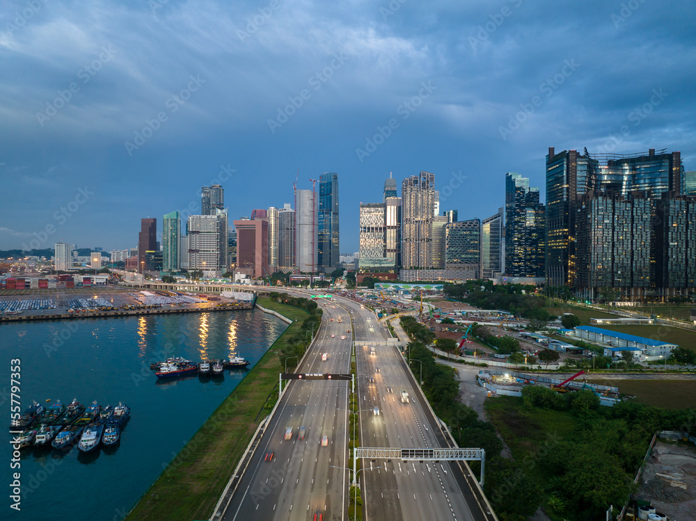 Aerial view of Singapore business district and city at twilight in Singapore, Asia..