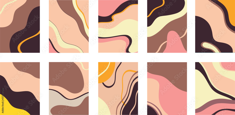 Vector illustration of collage of creative paintings with colorful abstract swirls and lines against white background