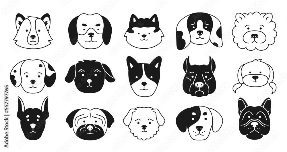 Dog faces emotion sketch doodle character set. Cute puppy kawaii head muzzle stamp icon. Smiling funny childish doggy pet baby press. Illustration comic template for kid print template card, cover Dog faces emotion sketch doodle character set. Cute puppy kawaii head muzzle stamp icon. Smiling funny childish doggy pet baby press. Illustration comic template for kid print template card, cover
