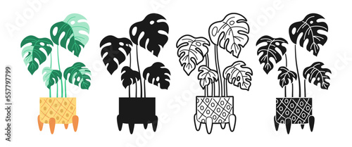 House potted plant monstera cartoon icon set. Exotic houseplants flowerpot line symbol. Botanical house monstera plant potted ceramic doodle, icon or silhouette collection. Foliage plant in pot vector