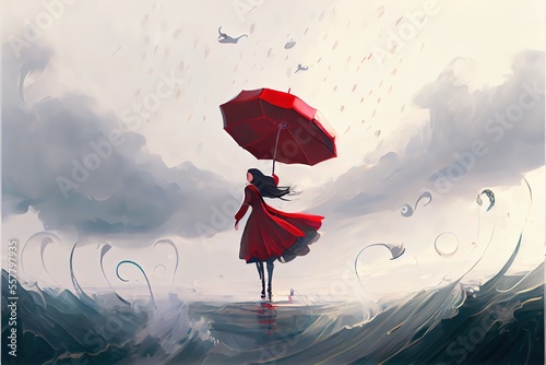 A girl with a red umbrella walks on the waves