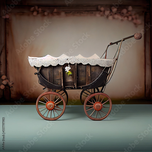 Generative AI: vitange baby carriage in a old background for children's photo session photo