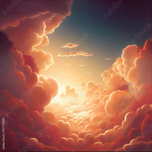 Generative AI:background golden hour sky with sun rays of light in orange tones