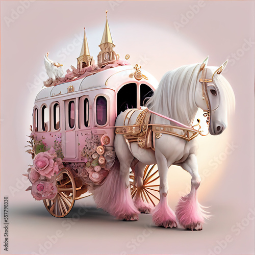 Foto Generative AI:fairytale pink carriage with beautiful animal in an enchanted land