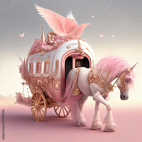 Leinwand Poster Generative AI:fairytale pink carriage with beautiful animal in an enchanted land
