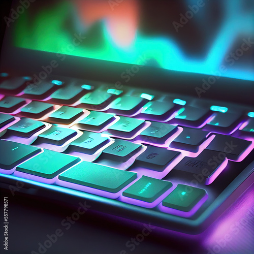 Generative AI: laptop computer with modern neon keyboard