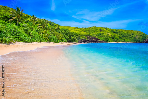 Obraz na płótnie Tropical sandy beach at summer day in Fiji Islands, Pacific ocean w salonie