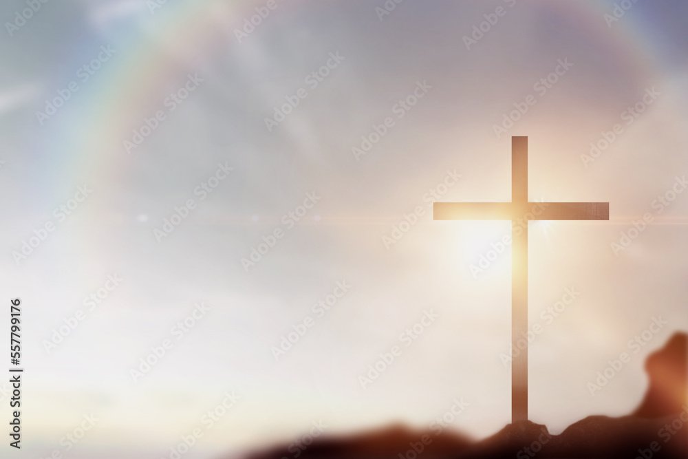 gold sunrise sky, cross jesus hope, rainbow background, golden god