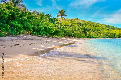 Tropical sandy beach at summer day in Fiji Islands, Pacific ocean
