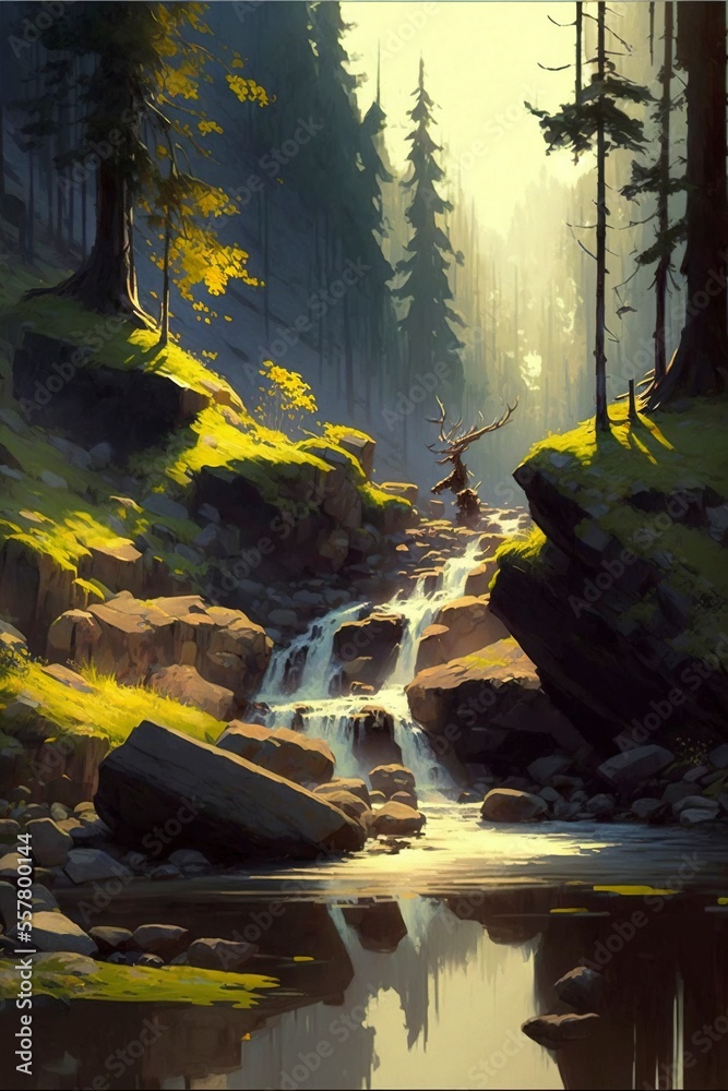 Beautiful dramatic landscape art, Small mountain stream