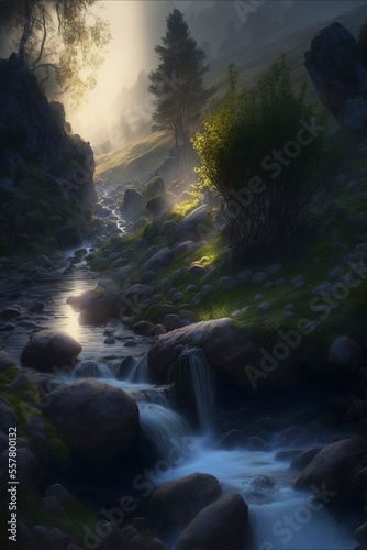 Beautiful dramatic landscape art  Small mountain stream