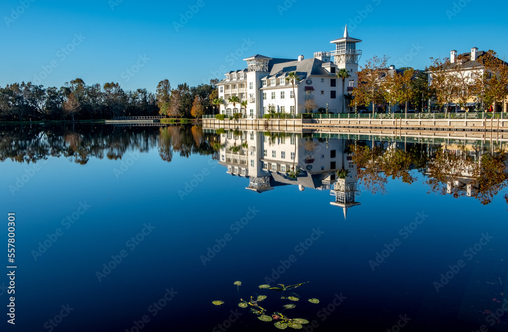Building reflected in a lake at Celebration Florida