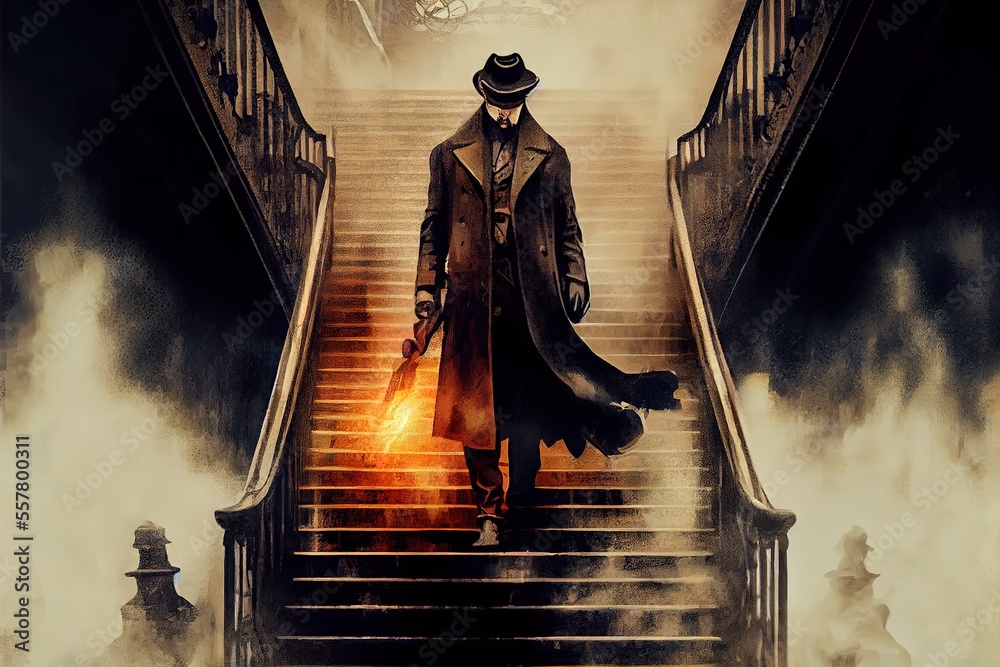 The detective is standing on a burning staircase
