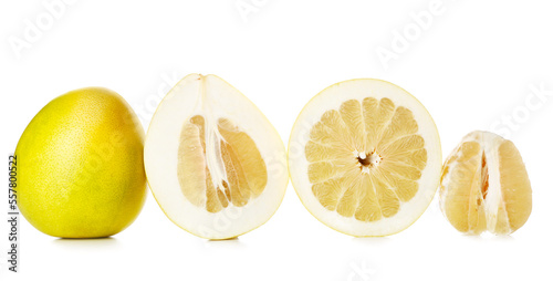 Composition with whole, cut and peeled pomelo fruits on white background