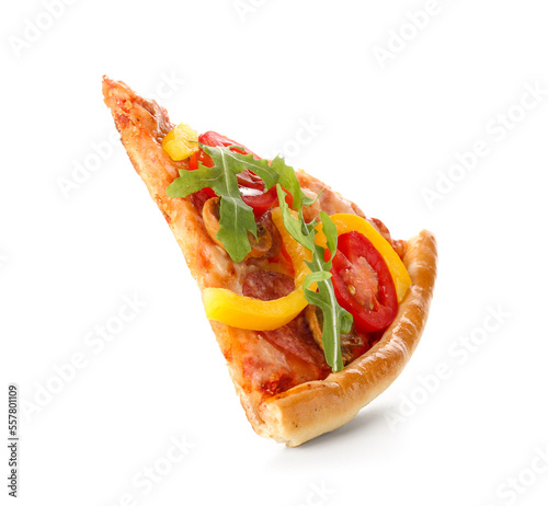 Slice of tasty pizza with sausage, mushrooms and arugula on white background