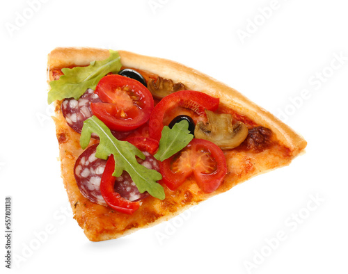 Slice of tasty pizza with sausage, olives and tomatoes on white background