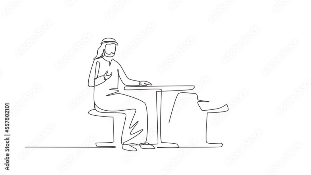 Animated self drawing of continuous line draw presenter Arabian interviewing celebrity men in television studio shooting interview. Show host, Muslim guest talking. Full length single line animation Animated self drawing of continuous line draw presenter Arabian interviewing celebrity men in television studio shooting interview. Show host, Muslim guest talking. Full length single line animation