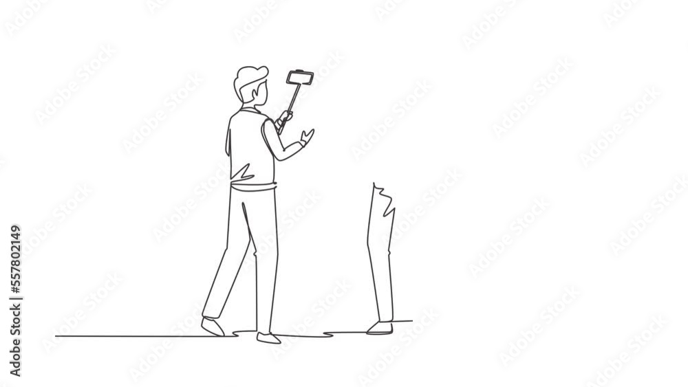 Animated self drawing of continuous line draw presenter filming video blog with operator on street. Man bloggers, journalists with professional smartphone, videographer. Full length one line animation Animated self drawing of continuous line draw presenter filming video blog with operator on street. Man bloggers, journalists with professional smartphone, videographer. Full length one line animation