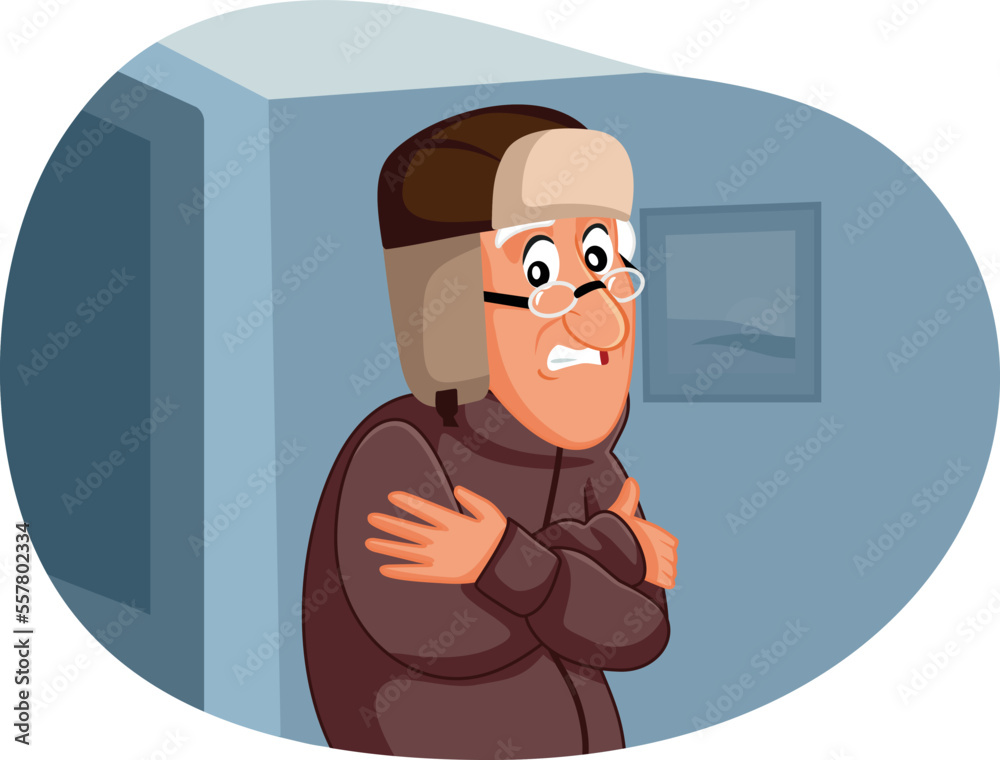 Elderly Man Freezing Feeling Cold at Home Vector Illustration. Unhappy