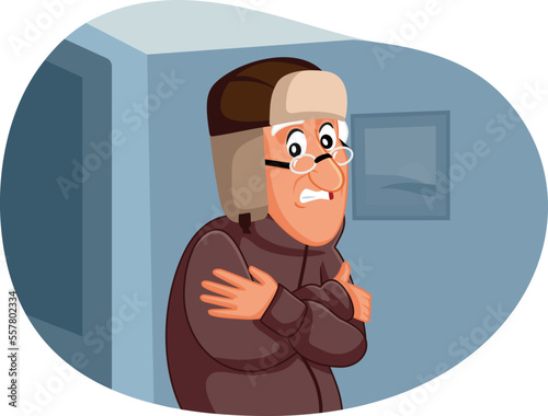 Elderly Man Freezing Feeling Cold at Home Vector Illustration. Unhappy senior person shivering in unheated room due to energetic crisis issue
