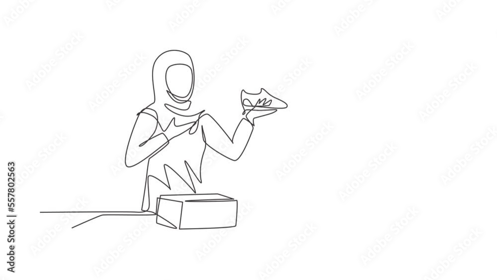 Self drawing animation of single line draw female fashion blogger talking about trendy sneakers while making video. Blogging about new products, trends. Continuous line draw. Full length animated Self drawing animation of single line draw female fashion blogger talking about trendy sneakers while making video. Blogging about new products, trends. Continuous line draw. Full length animated