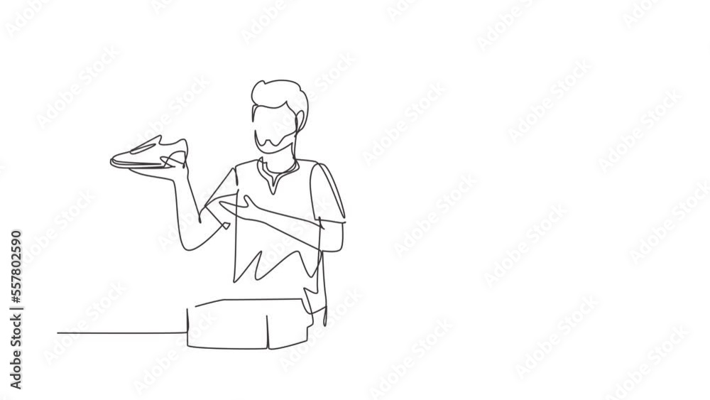 Self drawing animation of single line draw Arabian blogger makes video review on camera on topic of sneakers. Online shopping, social media and influencer. Continuous line draw. Full length animated Self drawing animation of single line draw Arabian blogger makes video review on camera on topic of sneakers. Online shopping, social media and influencer. Continuous line draw. Full length animated