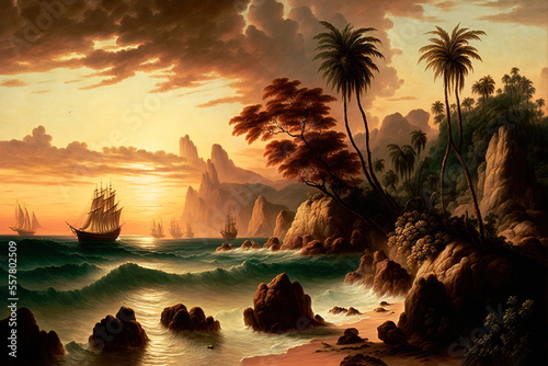 A tropical sunset on the beach, with bright and colorful sunset, palm trees, ocean waves and mountains 13