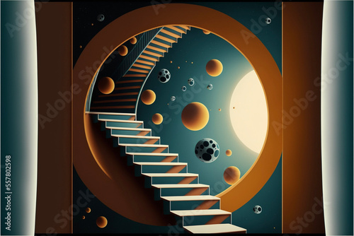 colorful stairway to nowhere in outer space with planets 