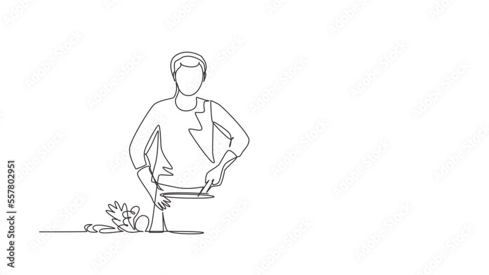 Animated self drawing of continuous line draw vegan man. Vegetarian food blogger, guy stir, cook vegetable salad. Online culinary school tutorials, foods preparation. Full length single line animation Animated self drawing of continuous line draw vegan man. Vegetarian food blogger, guy stir, cook vegetable salad. Online culinary school tutorials, foods preparation. Full length single line animation