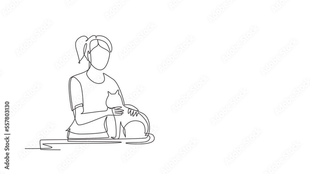 Animated self drawing of continuous line draw vet blogger sitting in front of camera with cats, recording video blog about pets. Zoo psychologist creating content. Full length single line animation Animated self drawing of continuous line draw vet blogger sitting in front of camera with cats, recording video blog about pets. Zoo psychologist creating content. Full length single line animation
