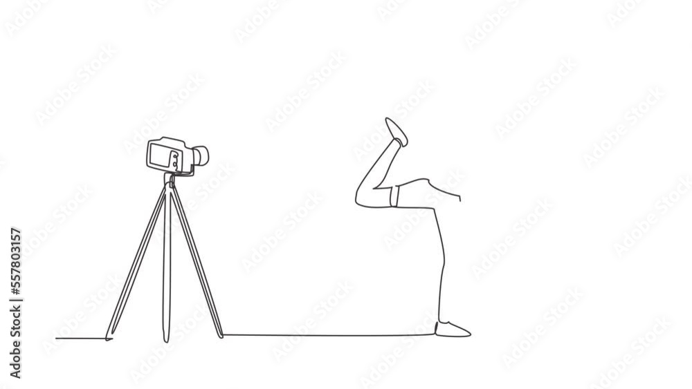 Animated self drawing of continuous line draw woman blogger in sportswear shoots video on camera doing exercises. Fitness vlogger live broadcast of training session. Full length single line animation Animated self drawing of continuous line draw woman blogger in sportswear shoots video on camera doing exercises. Fitness vlogger live broadcast of training session. Full length single line animation