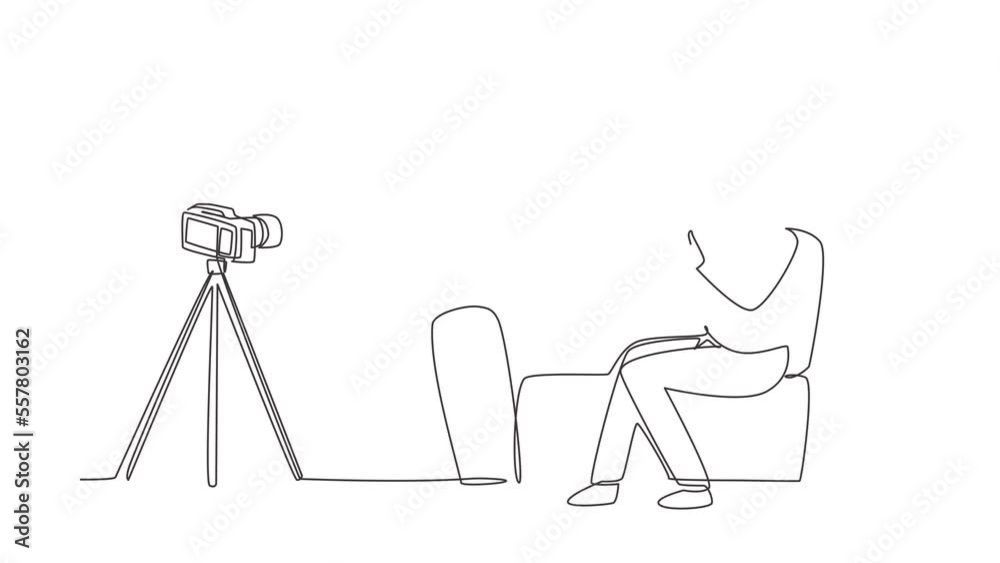 Self drawing animation of single line draw female influencer filming video review smartphone on dslr camera. Blogger advertising tech product, streaming. Continuous line draw. Full length animated Self drawing animation of single line draw female influencer filming video review smartphone on dslr camera. Blogger advertising tech product, streaming. Continuous line draw. Full length animated