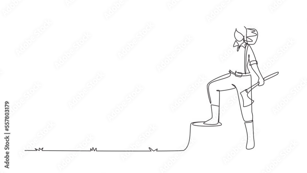Animated self drawing of continuous line draw woman lumberjack holding timber axe. Wooden materials manufacturing, standing with axe, posing with one foot on tree. Full length single line animation Animated self drawing of continuous line draw woman lumberjack holding timber axe. Wooden materials manufacturing, standing with axe, posing with one foot on tree. Full length single line animation