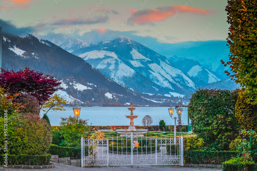 Zell am See gardens and blue lake idyllic landscape in Carinthia, Austria