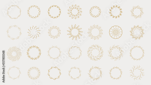 Circular line frame elements design. Floral circle border vector. Set collection Aesthetic outline. Gold vintage round frame banners.