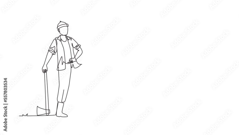 Animated self drawing of continuous line draw lumberjack wearing plaid shirt, jeans, boots and beanie hat. Standing with ax and posing with one foot on a tree stump. Full length one line animation Animated self drawing of continuous line draw lumberjack wearing plaid shirt, jeans, boots and beanie hat. Standing with ax and posing with one foot on a tree stump. Full length one line animation