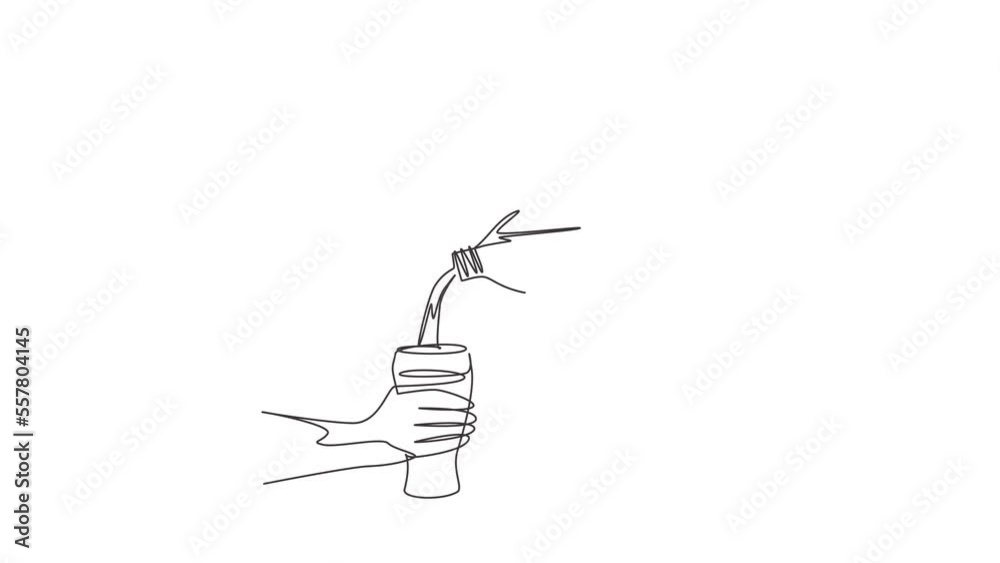 Animated self drawing of continuous line draw human is picking up glass of water from plastic bottle. Cool mineral natural drink. Glass and bottle holding in hand. Full length single line animation Animated self drawing of continuous line draw human is picking up glass of water from plastic bottle. Cool mineral natural drink. Glass and bottle holding in hand. Full length single line animation