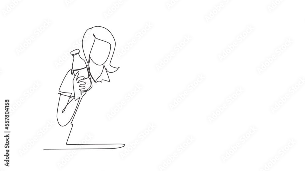Self drawing animation of single line draw cheerful woman holds bottle of fresh almond milk shows healthy vegetarian product smiles happily. Food nutrition. Continuous line draw. Full length animated Self drawing animation of single line draw cheerful woman holds bottle of fresh almond milk shows healthy vegetarian product smiles happily. Food nutrition. Continuous line draw. Full length animated